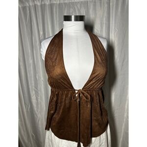 Moa Moa Brown Faux Suede Studded Halter Top Boho Festival Small NWT
